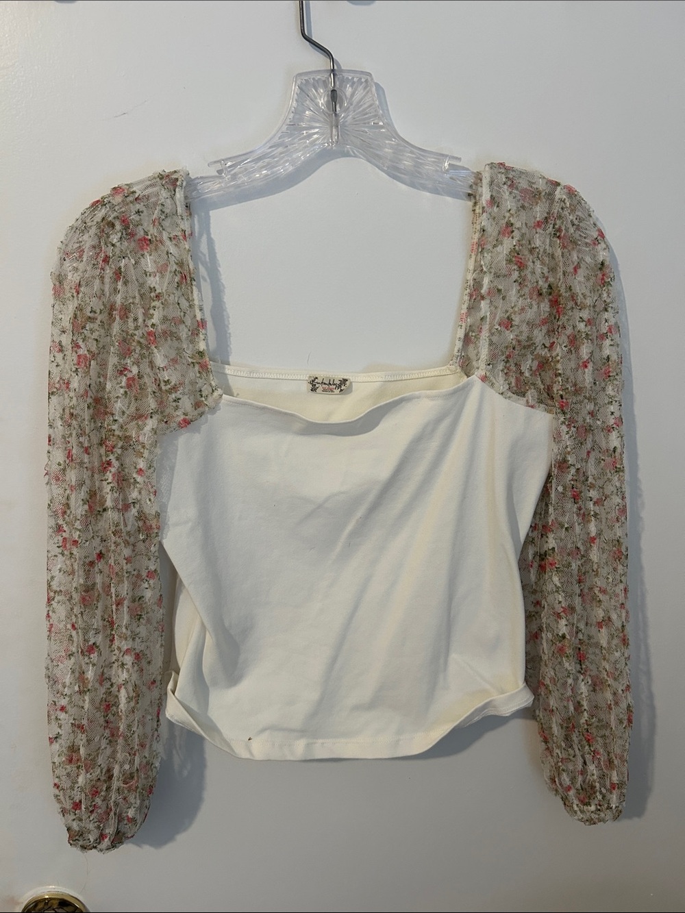 Free People Cream Square Neck Top with Floral Puff Sleeves